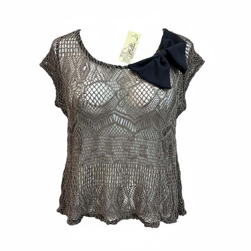 Bella Crochet Lace Blouse Blk/Taupe Bow Sheer XL  Boho Indie Whimsygoth Coquette